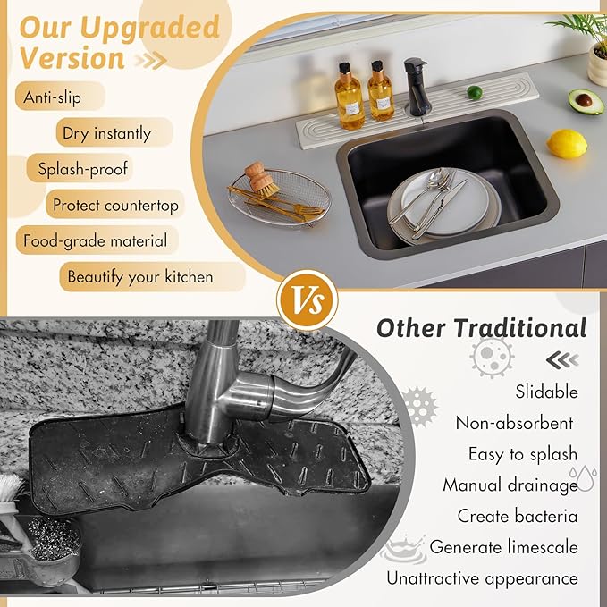 Quick Dry Stone Sink Splash Guard, 23.6" Extended Diatomaceous Earth Sink Absorbent Faucet Mat, Instant Drying Stone Tray for Kitchen & Bathroom Countertops, Aesthetic Home Decor Gift Women, Ash Grey