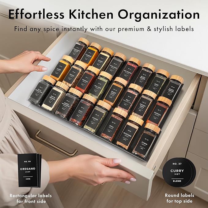 EDELHAUS® Square Spice Jars with Bamboo Wooden Lid (Pack of 36) Spice Jars with Shaker Insert and 240 Labels - Bamboo Lid Glass Container for Spice Organisation [4.3 in × 1.8 in]