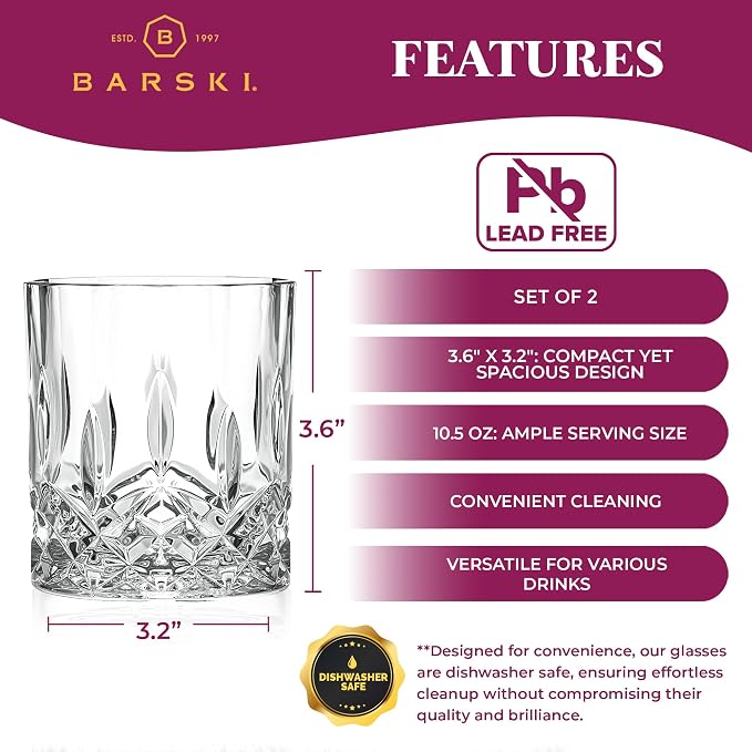 Barski Whiskey Glasses - Double Old Fashioned Rocks Glass - Set of 2 Lowball Tumbler - DOF Crystal Glass Tumblers - For Scotch - Bourbon - Water - Beverage - Drinking Glasses - 10.5 oz, Made in Europe