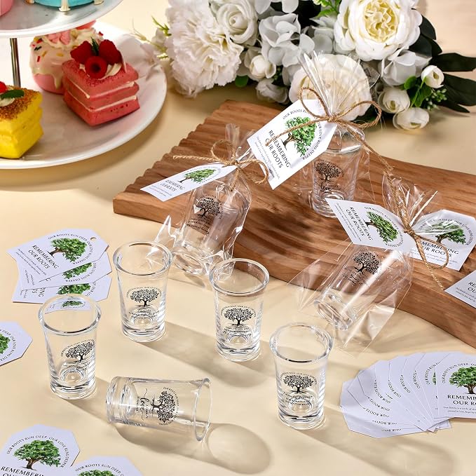 Roshtia 25 Sets Family Reunion Party Favors 5 Styles Adult Family Tree Acrylic Shot Glasses with Inspirational Card and Bag Adult Reunion Gifts