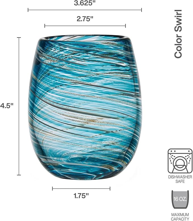 Mikasa Color Swirl Stemless Wine Glass, 4 Count (Pack of 1), Blue
