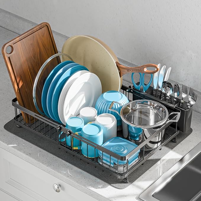GSlife Family Size Large Capacity Expandable Dish Drying Rack with Absorbent Mat, Rust Resistant Dish Drainer for Plates Bowls Pots and Pans, 16.5"-21.3" L x 14.7" W, Black