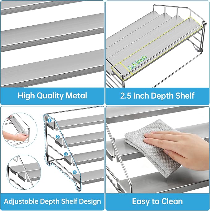 BOIVSHI Heavy Duty Spice Rack for Cabinet, Space Saving 4 Tier Spice Organization for Cabinet, Adjustable Depth Spice Shelf for Cabinet, Counter, Pantry - Chrome, 2 Pack