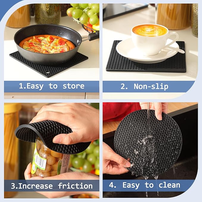 Honeydak 12 Pcs Silicone Trivet Mat and Silicone Hot Handle Holder Pack Multipurpose Non Slip Pot Holders Pot Handle Covers Heat Resistant for Kitchen Potholders Hot Dishes Jar Opener, Black