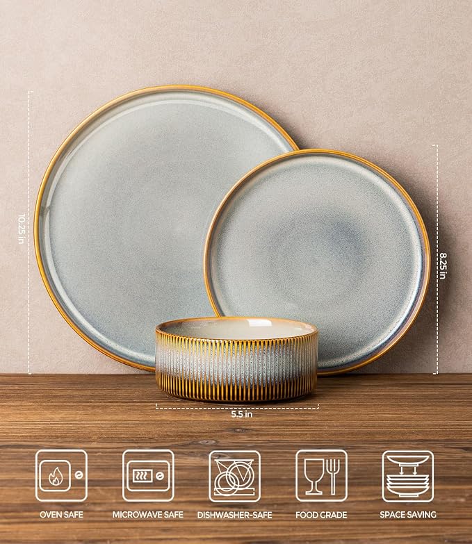 TheTerra Ceramic Dinnerware Sets for 4, 12 Pieces Porcelain Lightweight Plates and Bowls Sets, Scratch Resistant Dish Set, Oven & Microwave & Dishwasher Safe, Dusk Blue