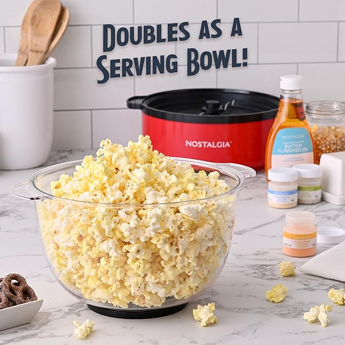 Nostalgia Non Stick Stirring Popcorn Maker for 24 Cups of Theatre Style Popcorn with Hot Oil - Dual-Use Lid & Serving Bowl - Quick Heat Technology & Cool Touch Handles - Ez Store - Red