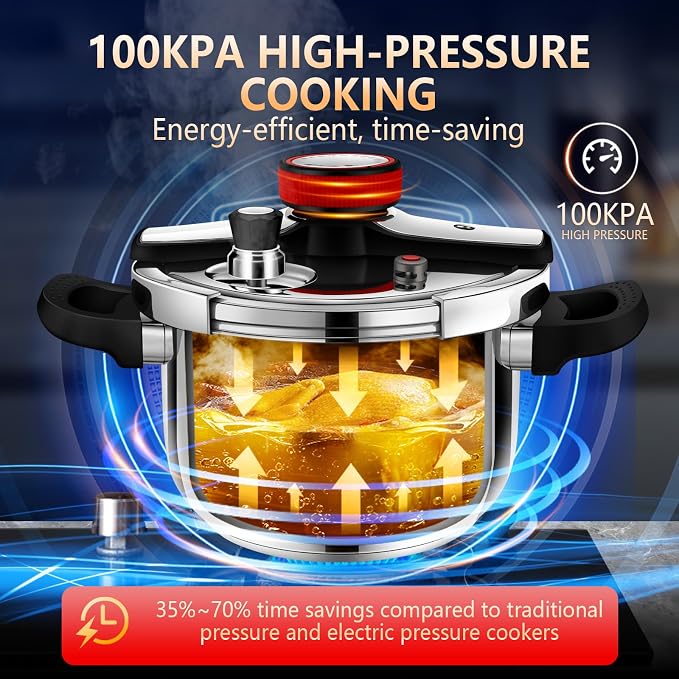 Stainless Steel Pressure Cooker 6 quart Commercial Stove Top Pressure Cooker for canning, pressure cooker 6+ quart, Compatible with Gas & Induction, Fast Cooking for large Meals, Dishwasher Safe,