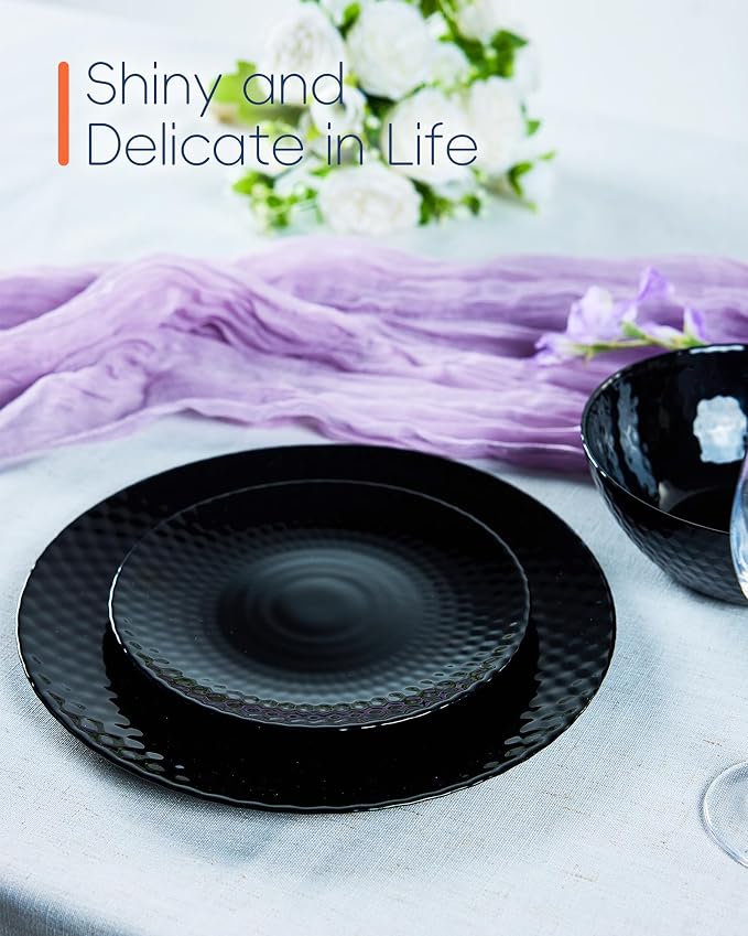LaGlint Dinnerware Sets for 6, Light & Durable 18 Pieces Opal Glass Plates and Bowls Set, Dishwasher and Microwave Safe Ribbed Dish Dinning Ware, Thin but Strong Geometric Faceted Black