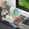 Dish Drying Rack Expandable Rack for Kitchen Counter, Carbon Steel Dish Racks Rust-Proof Large Capacity Dish Drainer with Utensil Holder, Space Saving for Bowls, Plates & Cups, White