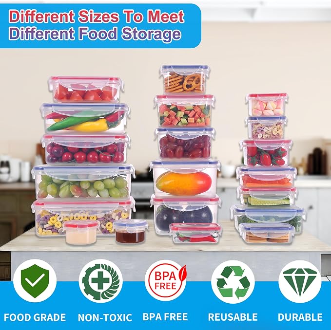 40-Piece Reusable Food Storage Containers with Lids Airtight, 100% Leakproof Plastic Meal Prep Storage Food Grade Kitchen Organizer, Stackable Freezer Containers, Microwave & Dishwasher Safe