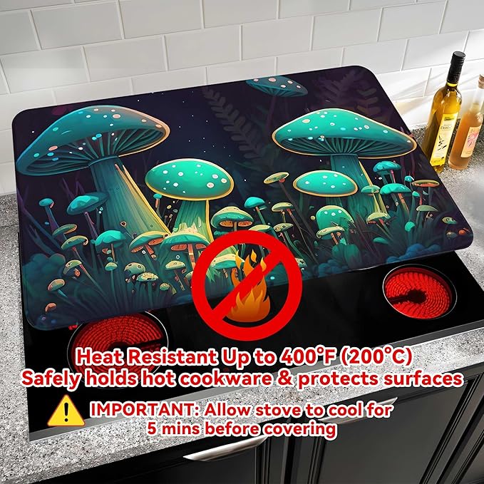Decorative Stove Top Covers for Electric Stove 28"x20" – Heat Resistant Glass Cooktop Protector Dish Drying Mat – Non-Slip Rubber Backing Washer Top Cover Waterproof Extra Counter Space (Mushroom)