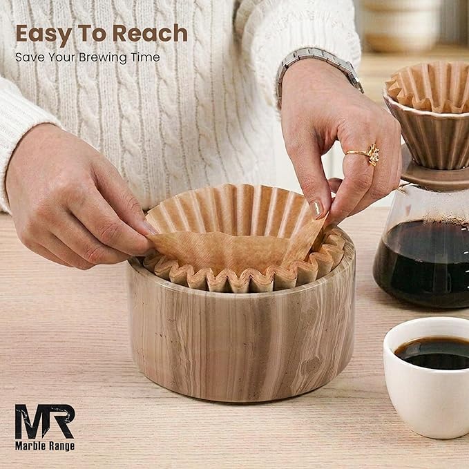 Marble Coffee Filter Holder – 6 inch Handmade Natural Brown Coffee Filter Holder with Lid, Storage Organizer for Kitchen Countertop & Bar Decor