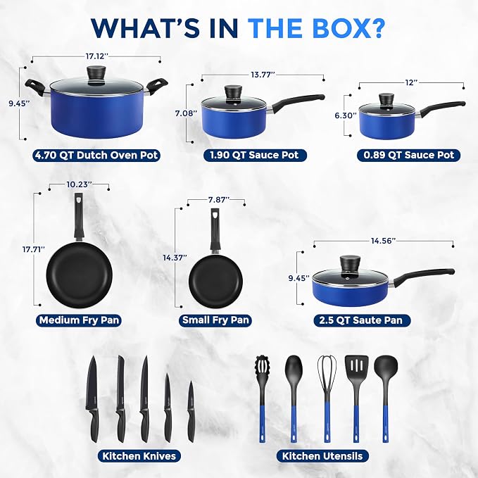SereneLife 20-Piece Blue Cookware Set with Knives - Includes Multi-Sized Pots and Pans Set Non stick with Lids and Utensils, Heat Resistant, Dishwasher Safe