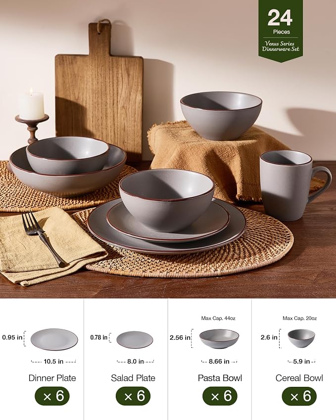 Famiware Venus Stoneware Dinnerware Set with Pasta Bowls for 6, 24-Piece Speckled Plates and Bowls with Trim, Matte Dark Gray - Chip‑Resistant Dishes for Everyday/Formal Use, Microwave/Dishwasher Safe