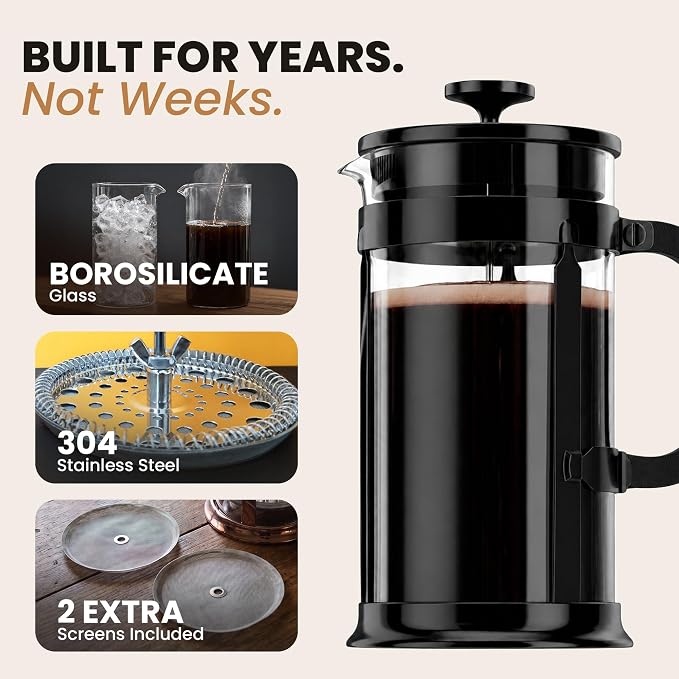 EzDtach French Press Coffee Maker 34oz Black – Borosilicate Glass Pot with 304 Grade Stainless Steel French Press, Double Filter and 2 Extra Screens for Rich, Full-Bodied Flavor at Home or Office