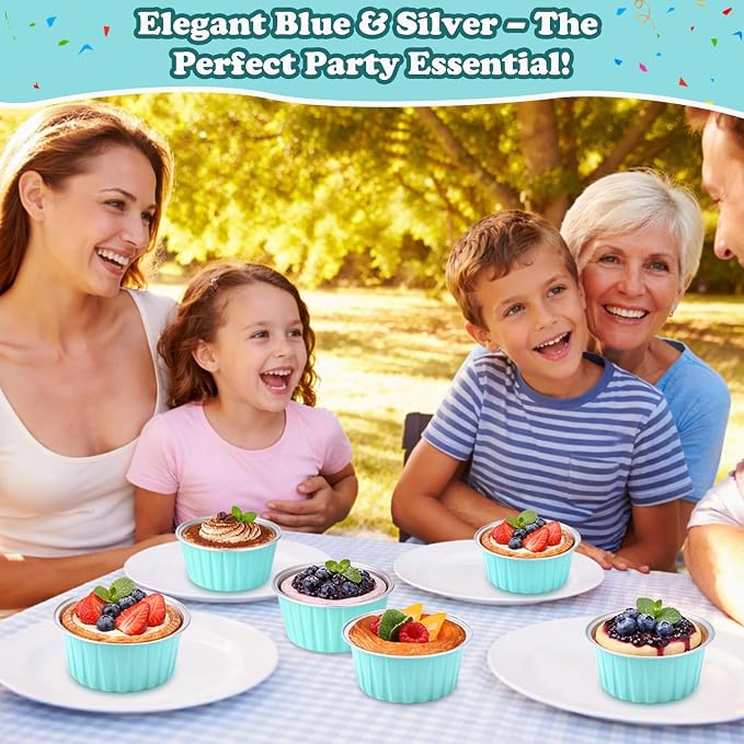 Gejoy 400 Pcs Aluminum Foil Baking Cups with Lids 5 oz Disposable Ramekins Mini Cake Pans Creme Brulee Cupcake Liners Muffin Dessert Container for Wedding Birthday Party (Elegant,Blue Color)