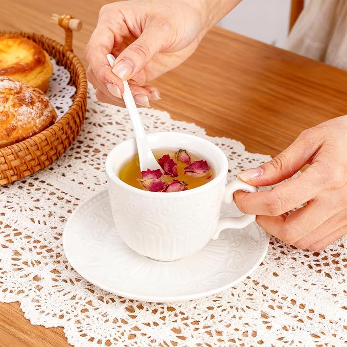 ZAVOOS Tea Cup and Saucer Set of 6, 6 Oz Small Vintage Porcelain Tea Cup with Spoon, Unique Embossed Floral Cappuccino Cups Sets for Latte, Cafe Mocha, Tea Party Decoration, Dishwasher Safe