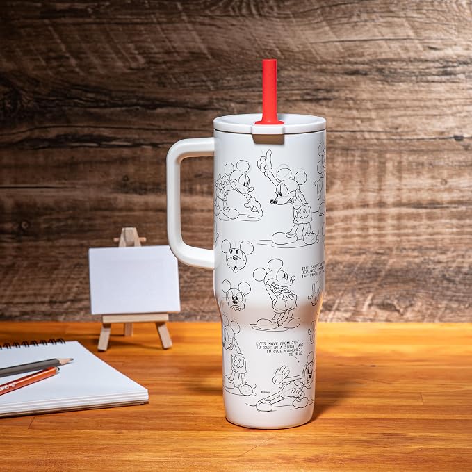 Zak Designs Disney Sutton Travel Tumbler for On the Go, 30oz Stainless Steel with Vacuum Insulation, Silicone Straw, and Carry Handle for Cold Drinks (Mickey Mouse Sketch)