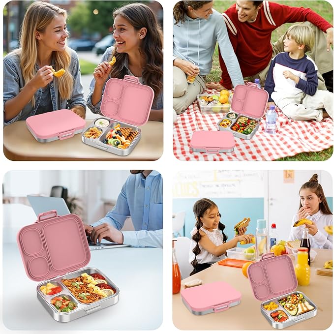 Pawtong Stainless Steel Bento Lunch Box for Kids | 3-Compartment Lunch Box Container Kids | 100% Leakproof, Eco-Friendly, Perfect Portion Control for Kids&Adult Healthy Meals (Pink)