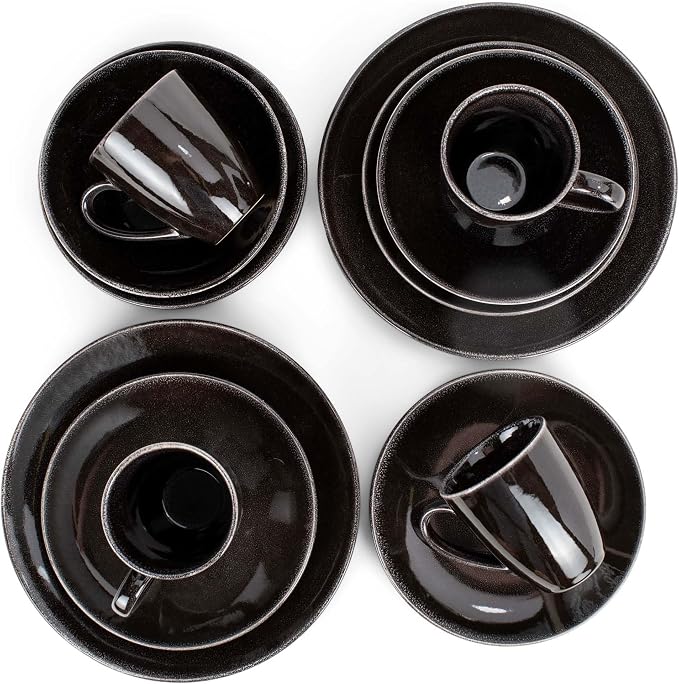 Elanze Designs Reactive Glaze Stone Ceramic Plates Bowls Mugs Classic Dinnerware 16 Piece Set - Service for 4, Black
