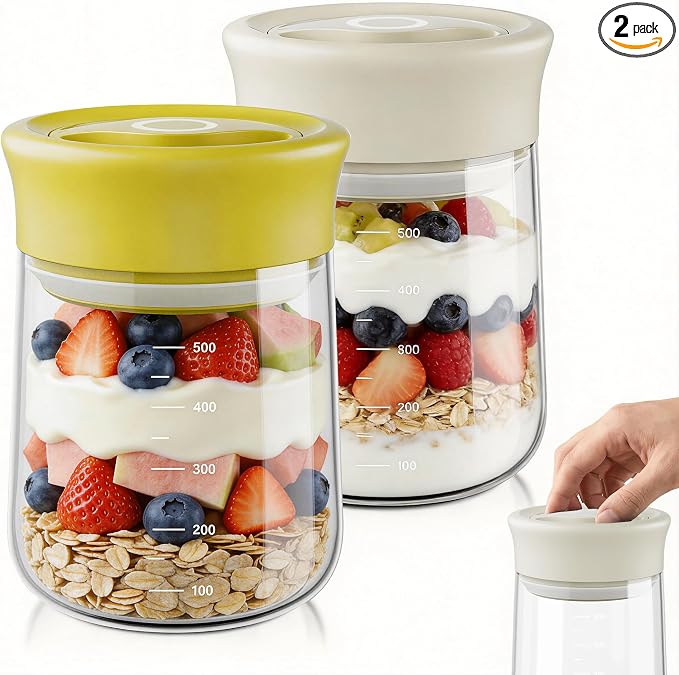 OURCABECUE Wide Mouth Mason Jar 16oz, Newly Upgraded Easy Open Rotating Lid, Food Grade Glass Storage Jar set of 2, for Meal Prep Overnight Oats Yogurt Snacks Candy Jars
