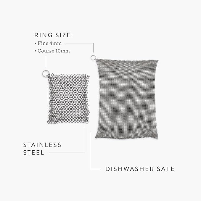 Barebones Fine Stainless Steel Cleaning Mesh Scrubber - Cast Iron Cleaner - Grill Accessories, Scrub Brush, Cast Iron Brush, Chainmail Skillet Cleaner