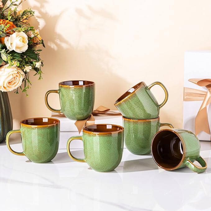 LERATIO Ceramic Coffee Mugs Set of 6,12oz Handmade Coffee Mugs Set with Large Handle for Cappuccino/Latte/Tea/Hot Cocoa, Dishwasher & Microwave Safe-Sage Meadow Green