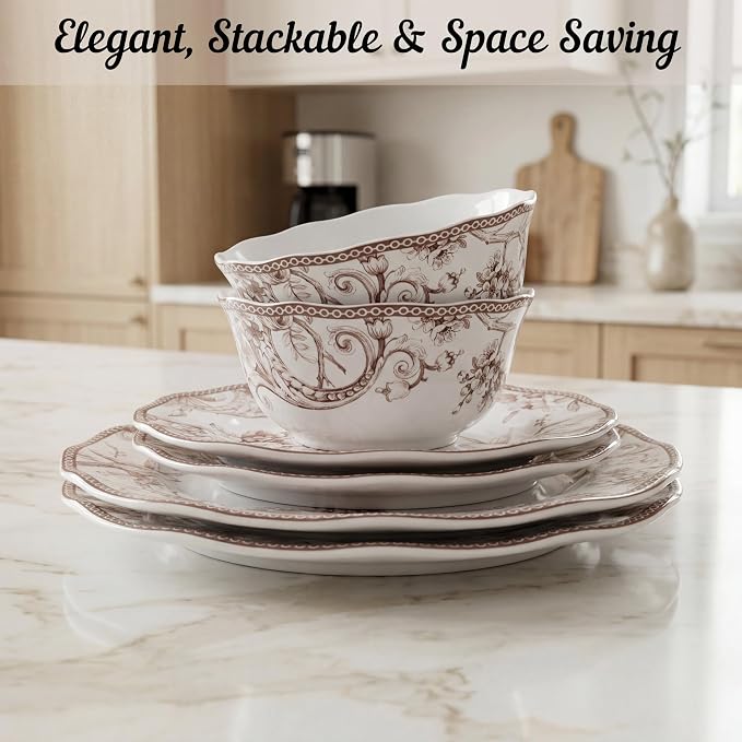 222 Fifth Adelaide Brown on White 12-Piece Dinnerware Set – Service for 4, Big Dinner Plates and Bowls Sets,Durable Porcelain, Microwave and Dishwasher Safe, for Everyday Dining & Entertainment