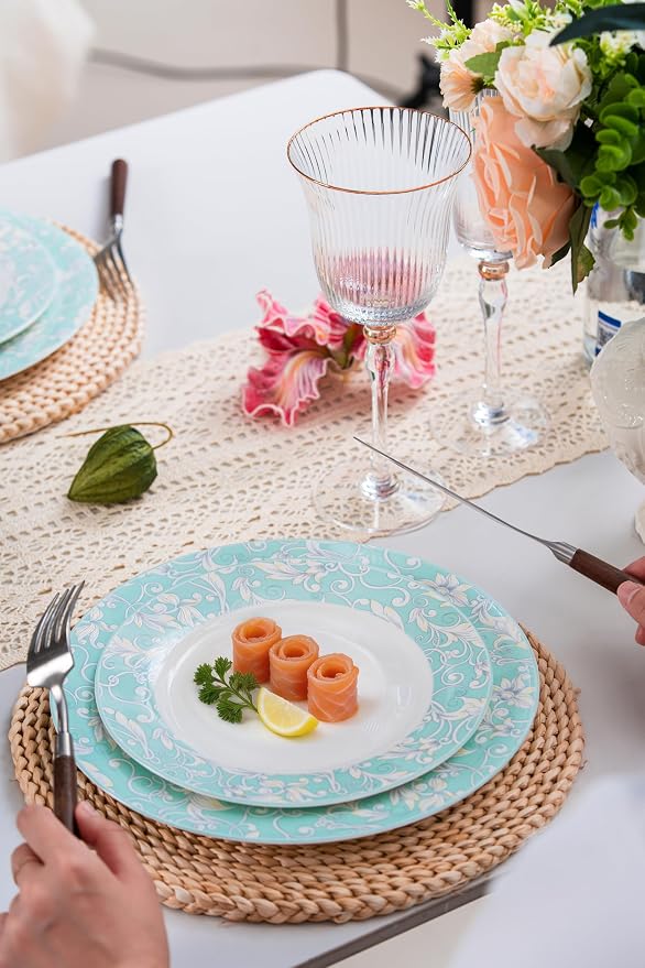 FHGNYSM 12-Piece Ceramic Dinnerware Set, Light Green | Plates and Bowls, Chip and Scratch Resistant, Microwave Safe, Dishwasher Safe, Home Restaurant Use