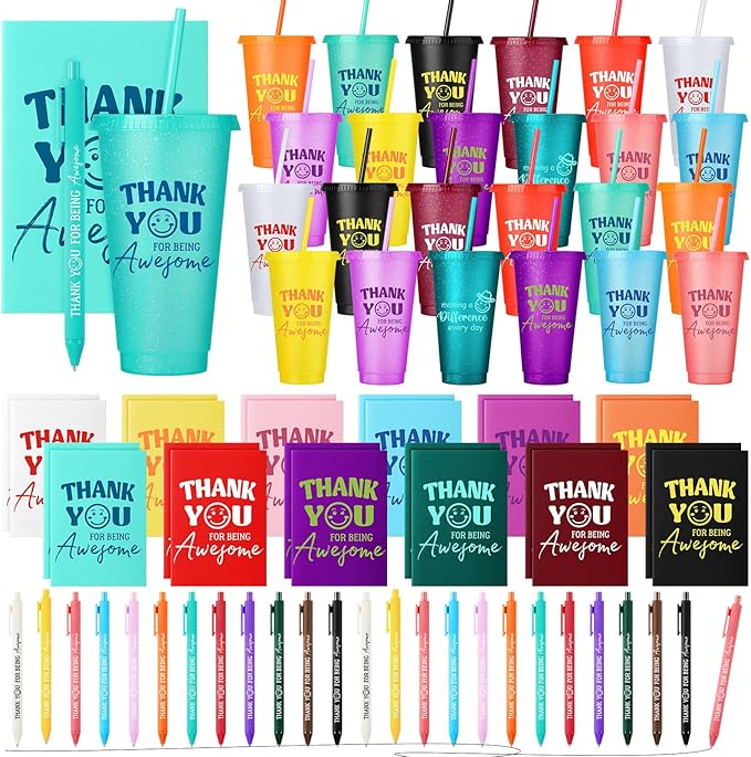 Feifeiya 72 Pcs/ 24 Set Thank You Supplies Bulk 24 oz Staff Coworker Appreciation Tumbler with Lids and Straws Motivational Pens Inspirational Notepads Set Plastic Cups Gift, Thank Cup