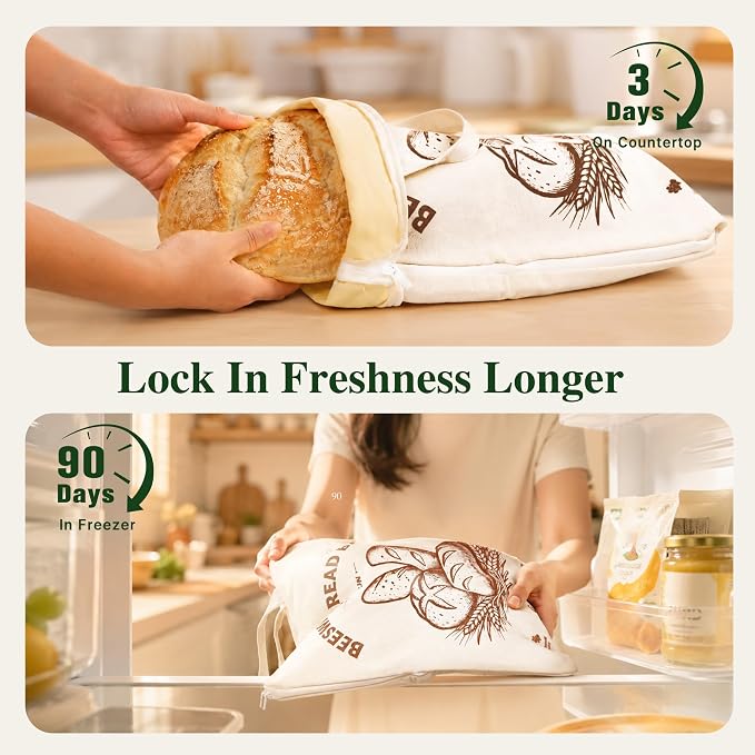 ICEFUN Wide-Opening U-Zipper Beeswax Bread Bag 2 Pack, Beeswax Bread Bags for Sourdough, Easy to Clean Reusable Bread Bag with Dual Zipper Seal and Handles