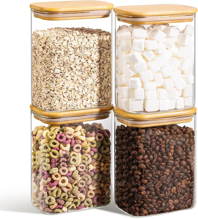 ComSaf 1.2 Qt Rectangle Glass Storage Containers with Lids, Glass Jars with Bamboo Lids, Clear Food Storage Jar, Sugar Coffee Containers, Pantry Container for Pasta Tea Candy Nut
