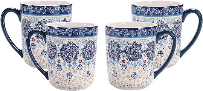 Bico Blue Talavera Ceramic Coffee Mugs Set of 4, 16 oz Large Tea Cups with Handle, Aesthetic Latte Mugs for Cappuccino Cocoa, Lead-Free, Dishwasher and Microwave Safe, Housewarming Gift