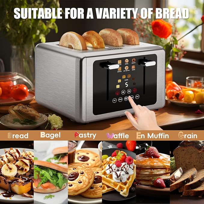 Whall 4-Slice Smart Toaster with Touchscreen & Extra-Wide Slots, Dual Independent Control, 6 Browning Levels & 6 Bread Types, Memory Function,Countdown Timer, Ideal Kitchen Gift