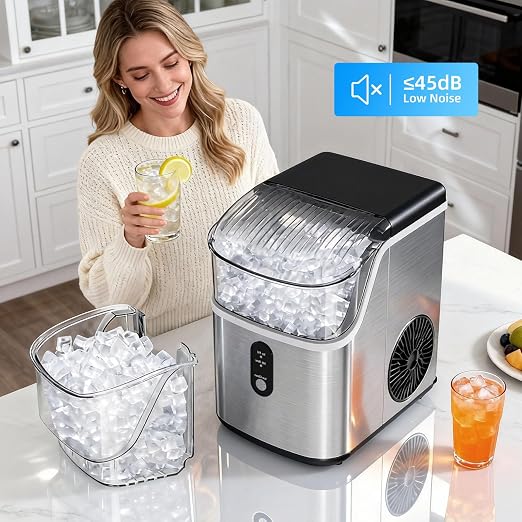 Antarctic Star Nugget Ice Maker Countertop, 35lbs/24H, Soft Chewable Ice, Self-Cleaning, Fast Making in 8 Mins, Portable Ice Machine with Handle, Ice Basket & Scoop, Stainless Steel Silver