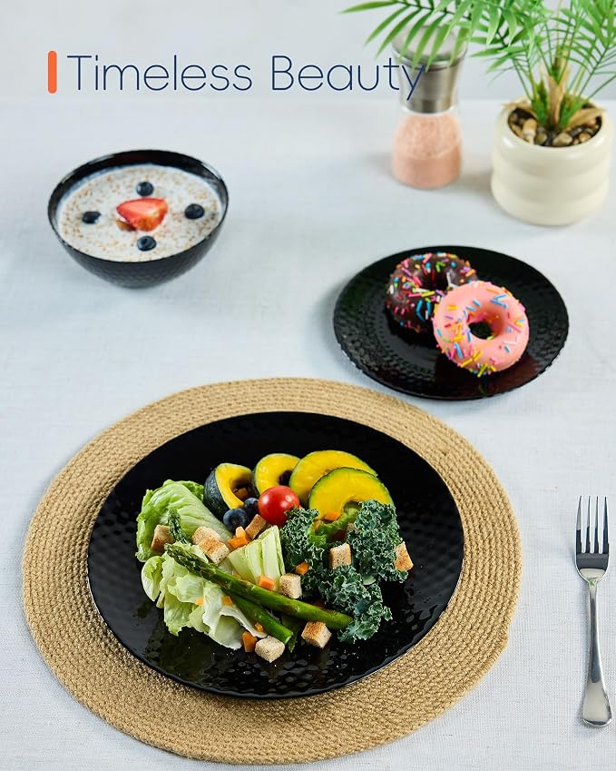 LaGlint Dinnerware Sets for 4, Light & Durable 12 Pieces Opal Glass Plates and Bowls Set, Dishwasher and Microwave Safe Dish Dinning Ware, Thin but Strong Geometric Faceted Black
