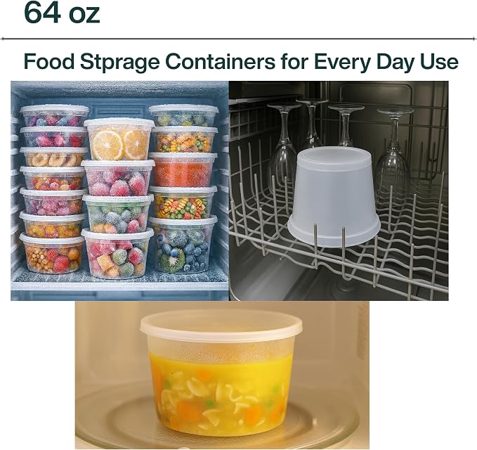 64oz [36 set] Heavy Duty Plastic Deli Container | BPA-Free Food Storage with Airtight Leak‑Proof Lids | Microwave, Freezer & Dishwasher Safe – Stackable, Bulk Reusable Soup & Meal Prep Tub