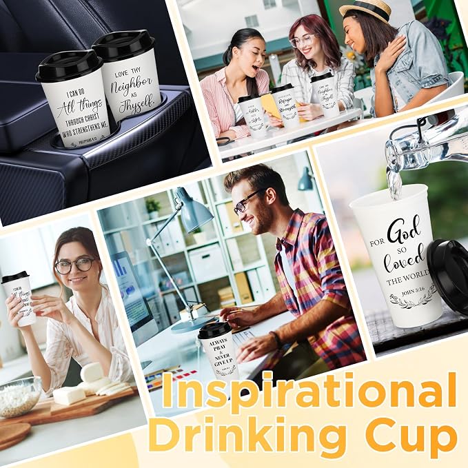 Skylety 60 Pack Bulk Christian Gifts for Men Women 16oz Reusable Bible Verse Tumbler Plastic Coffee Cup with Lid Inspirational Religious Church Gift for Teacher Graduation Party Favor (White)