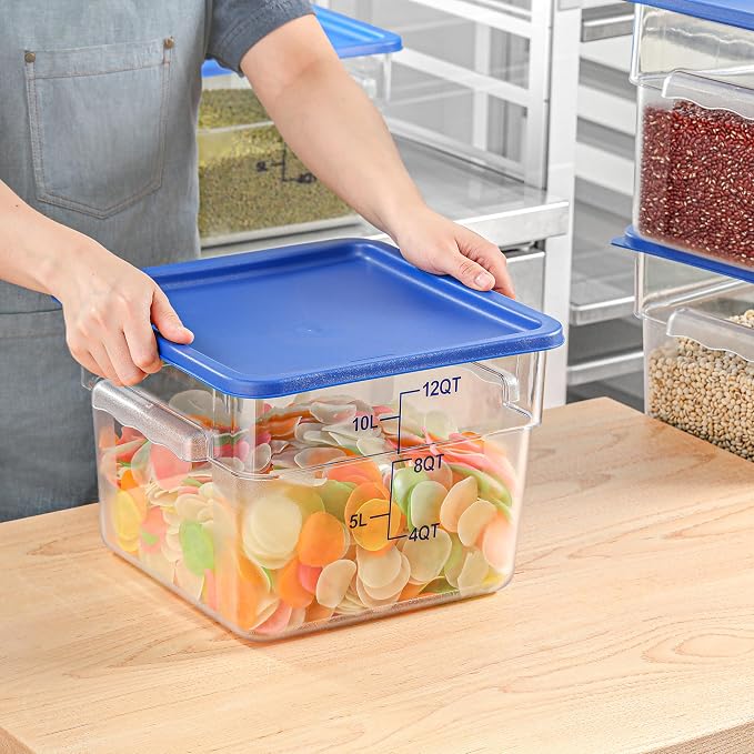 EGGKITPO 8 Pcs 12 QT Food Storage Container with Blue Lids, Handle BPA-Free Polycarbonate Hot Cold Resistant Large Square Commercial Container Set Scarle Dishwasher Freezer Safe Pantry Storage Kitchen