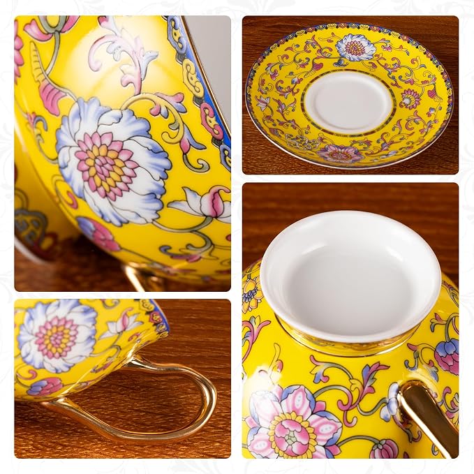 KAMMAK Tea Cups and Saucers Set of 2, Porcelain Coffee Cups, Stackable Espresso Mugs, Ceramic Demitasse for Coffee, Cappuccino, Latte, Americano, Tea, Full Bloom Yellow
