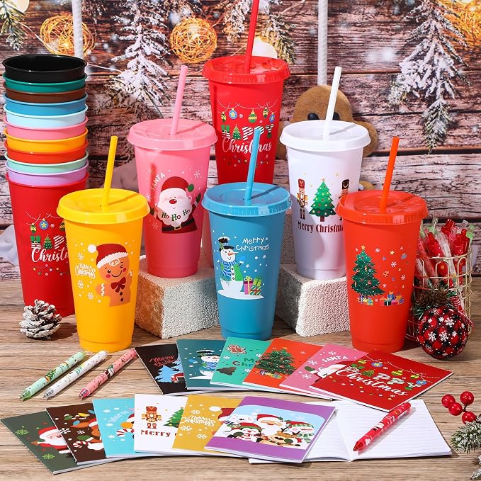 Feifeiya 72 Pcs/ 24 Set Bulk Gifts for Christmas 24 oz Christmas Tumbler with Lids and Straws Xmas Pens Notepads Set Reusable Plastic Cups for Holiday Classroom Gift Party Favor Employee