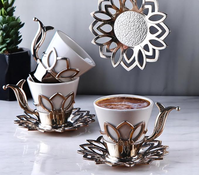 Alisveristime (Set of 6) Turkish Coffee Set with Porcelain Cups, Zamac Holders & Saucers – 80ml Capacity, Ottoman Motif, 4 Color Options (Silver)