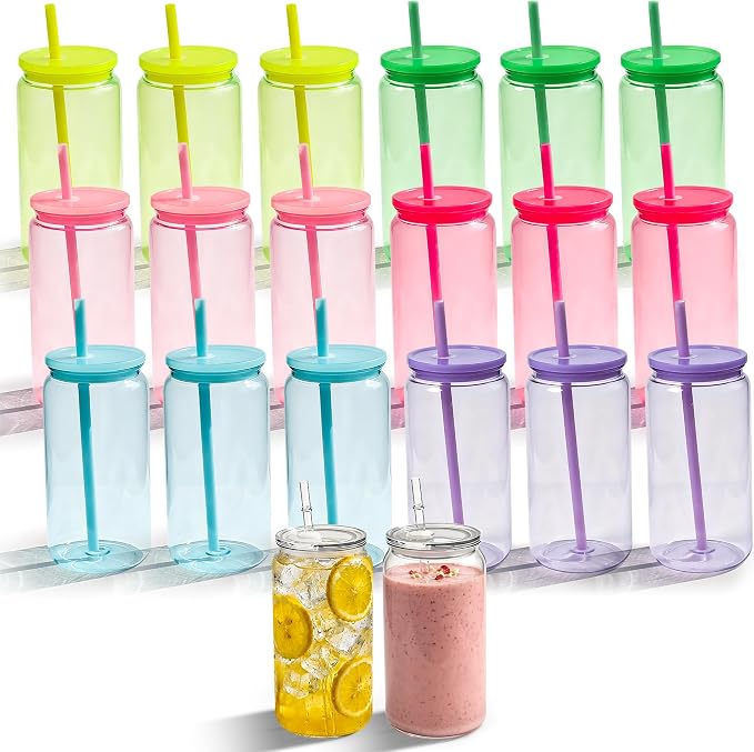20 Pack Acrylic Mason Jars Cups, 16oz Can Shaped Plastic Cups with Lids and Straws, Reusable Iced Coffee Cup Cute Drinking Glass Unbreakable Tumbler for Whiskey, Soda, Iced Tea, Colored