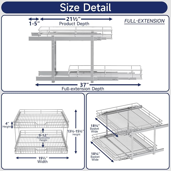 2-Tier Pull Out Cabinet Organizer, 19.5" W x 21.5" D, Heavy Duty Dual Slide Out Shelves for Base Cabinets, Chrome Wire Basket Drawer for Pantry, Kitchen & Bathroom Storage