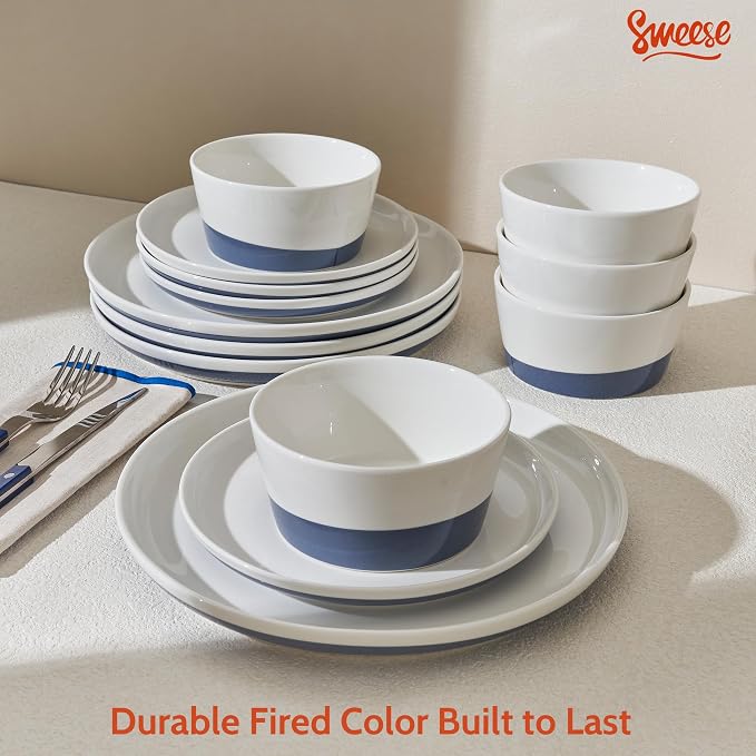 Sweese 18 Pieces Porcelain Dinnerware Set, Modern Dish Set for 6, Hand Painted Kitchen Plates and Bowls Sets, Scratch Resistant Dishware Sets, Dishwasher & Microwave & Oven Safe Dinner Set, Blue