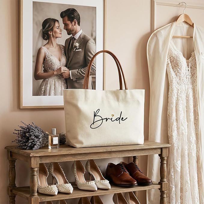 Bride Tote Bag, Embroidered Canvas Wedding Essential Tote, Bridal Shower Engagement Bachelorette Beach Bag