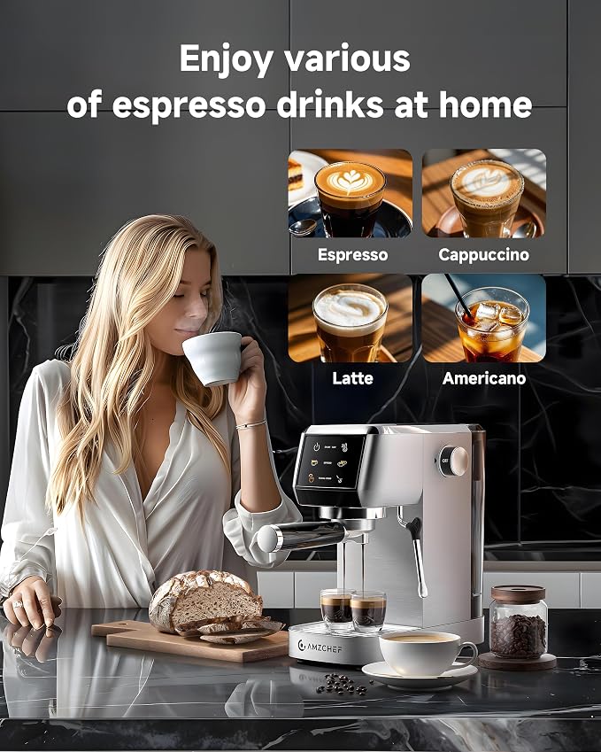 AMZCHEF Compact Espresso Machine, 20Bar Home Barista Coffee Maker with 1350W Fast Heating, 3-Level Temperature Control, 360° Adjustable Steam Wand, HD Touch Screen, Small Footprint for Kitchen