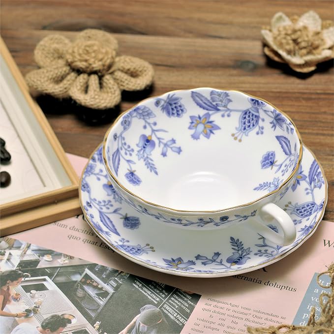6 Pack Bone China Mini Espresso Cup,5 oz Porcelain Coffee Mugs with Saucer Handle,Demitasse Cups,Modern Deacor Art Cups,Suitable for Espresso Machine -Blue White