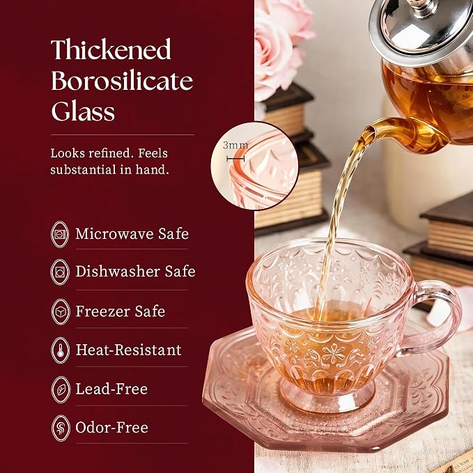 Handcrafted Vintage Glass Coffee Cup and Saucer Set, 12 oz Large Tea Cup with Octagonal Saucer for Coffee, Latte, Tea, Gift for Women, Microwave & Dishwasher Safe, Rose Mist Pink