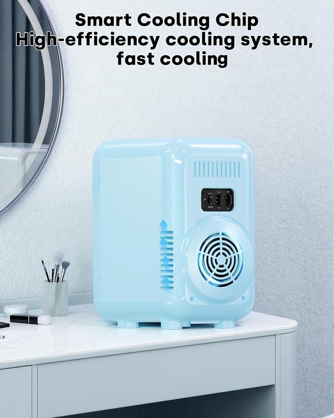 Enventor Mini Skincare Fridge Small Refrigerator for Bedroom, Beauty Fridge for Makeup with Dimmable LED Mirror, 6 L / 8 Cans Compact Portable Cooler for College Dorm, Office, Car, Blue